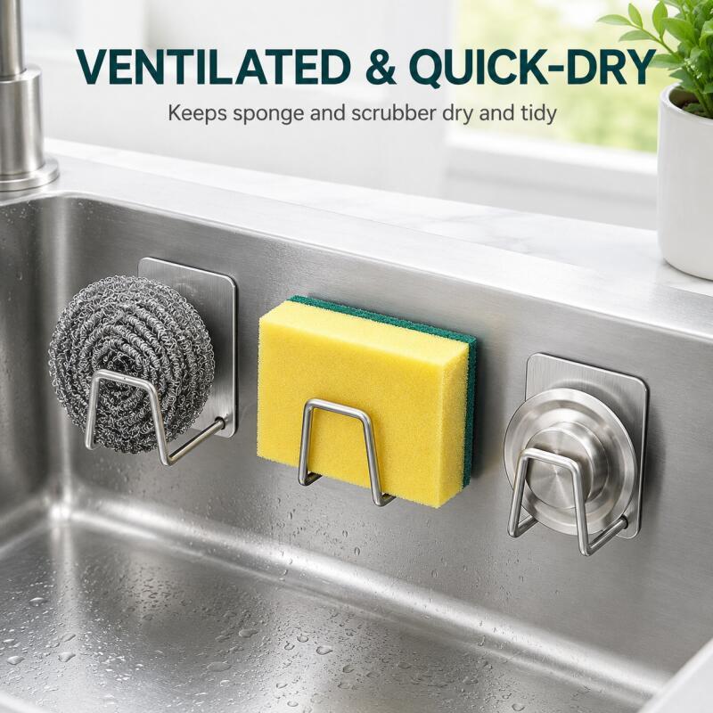 Home Improvement K&B Construction - Self-Adhesive Stainless Steel Sponge Holder, No-Drill